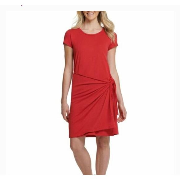 DKNY Short Sleeve Side Tie Knot Tshirt Dress Red Size Small - Picture 1 of 10